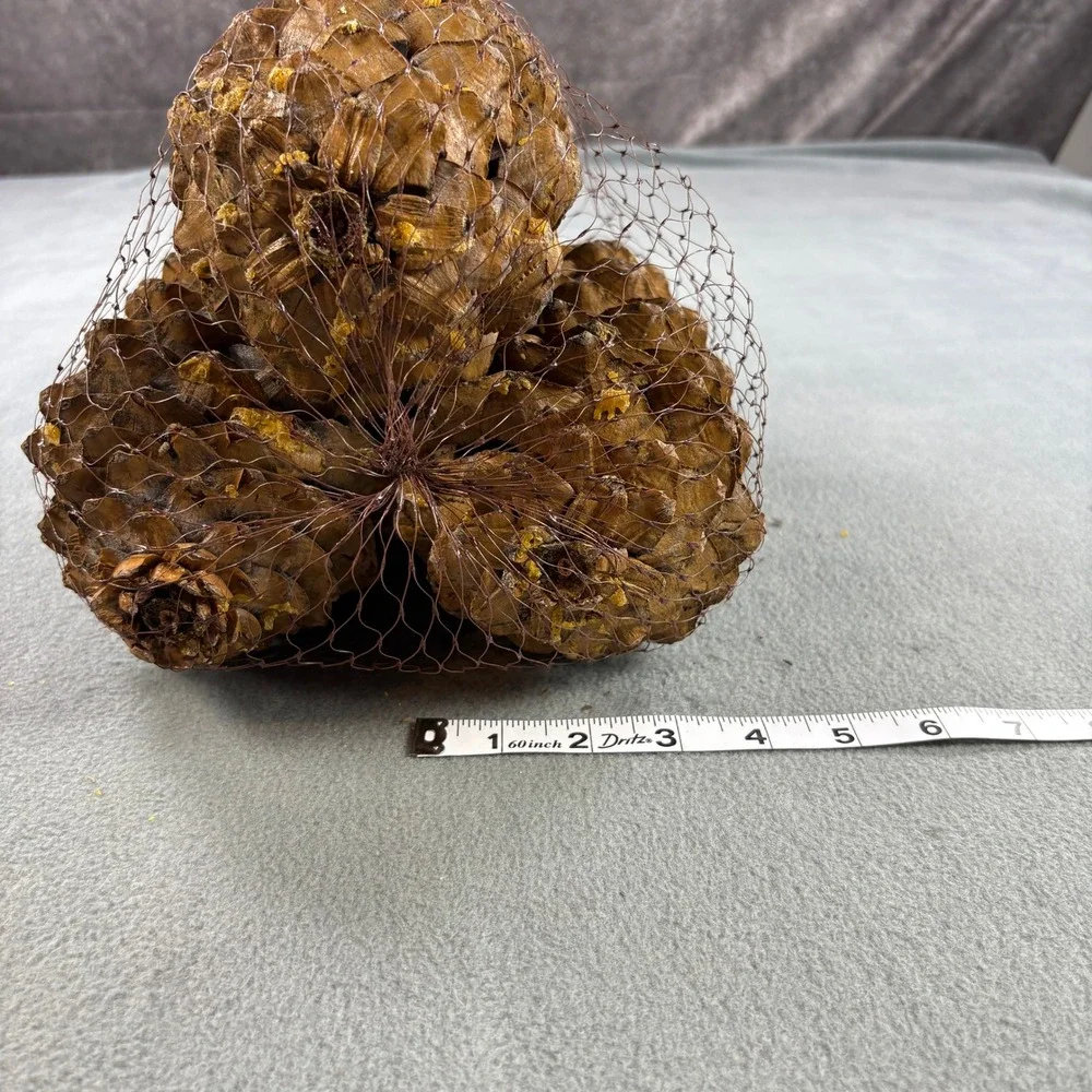Large Natural Decorative Pine Cones Set of 3 Brown Mesh Bag Red Bow Rustic Decor